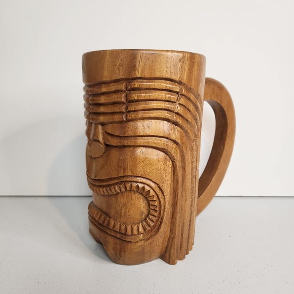 Vintage Huge Carved Wooden Tiki Mug Large Handle Monkey Pod Wood Barware Stein - Picture 3 of 11